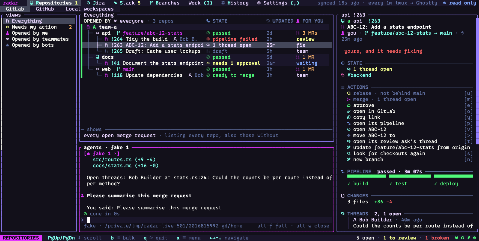 A demo session in the agent dock, using radar's fake provider