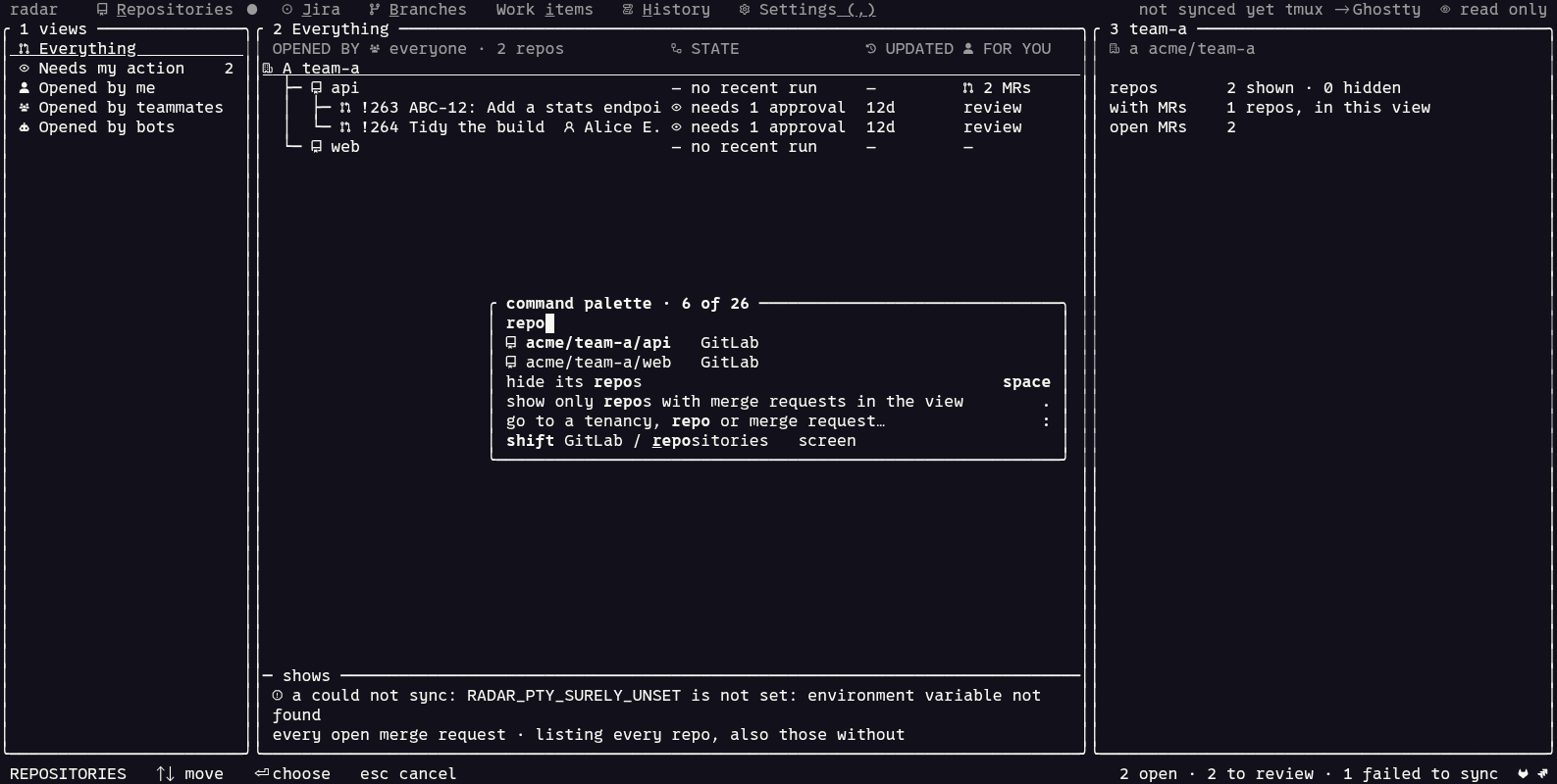 The command palette finds repository screens, settings and cached items