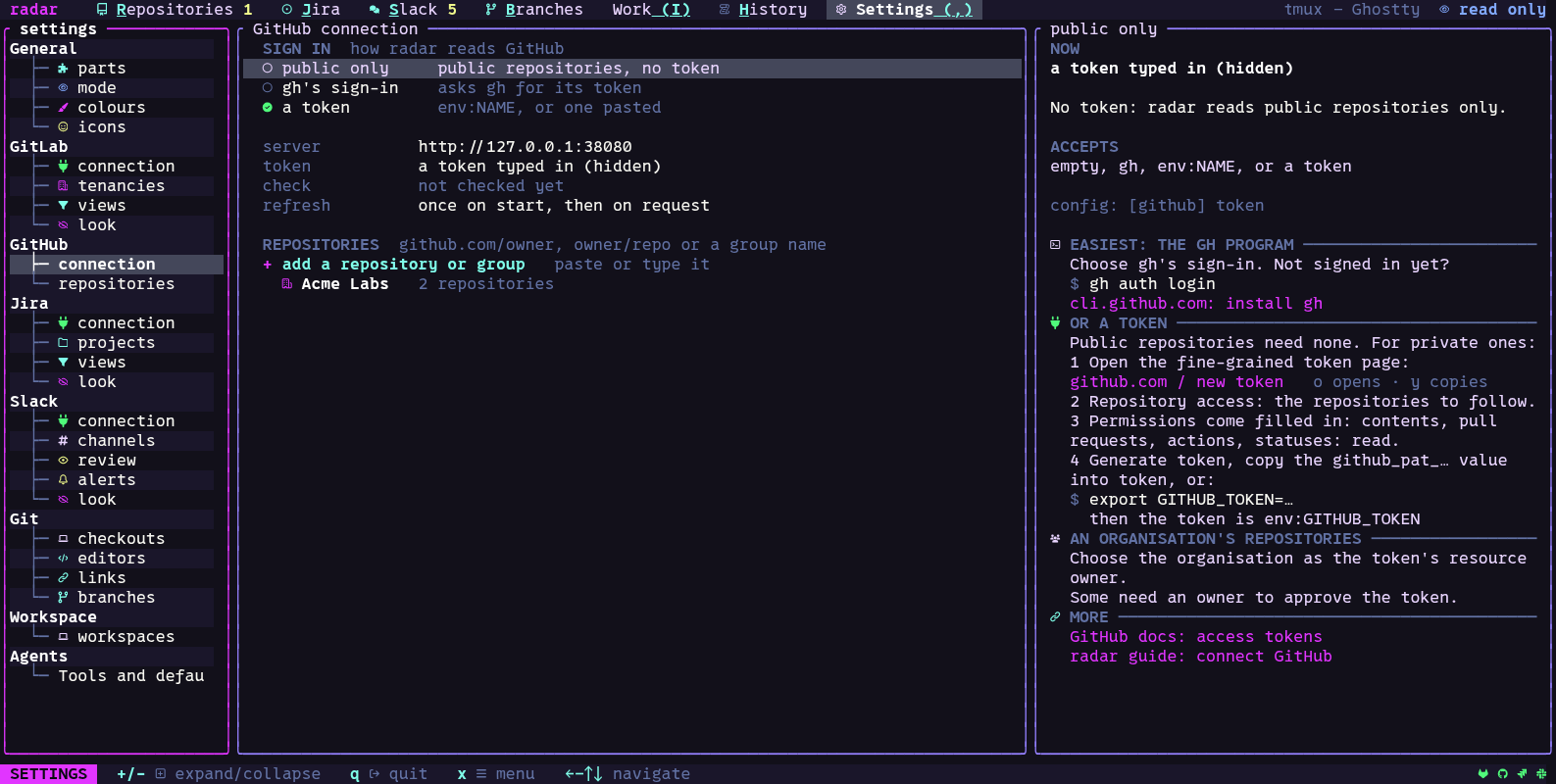 Settings, GitHub connection: the three ways to sign in, the repositories, and how to get a token