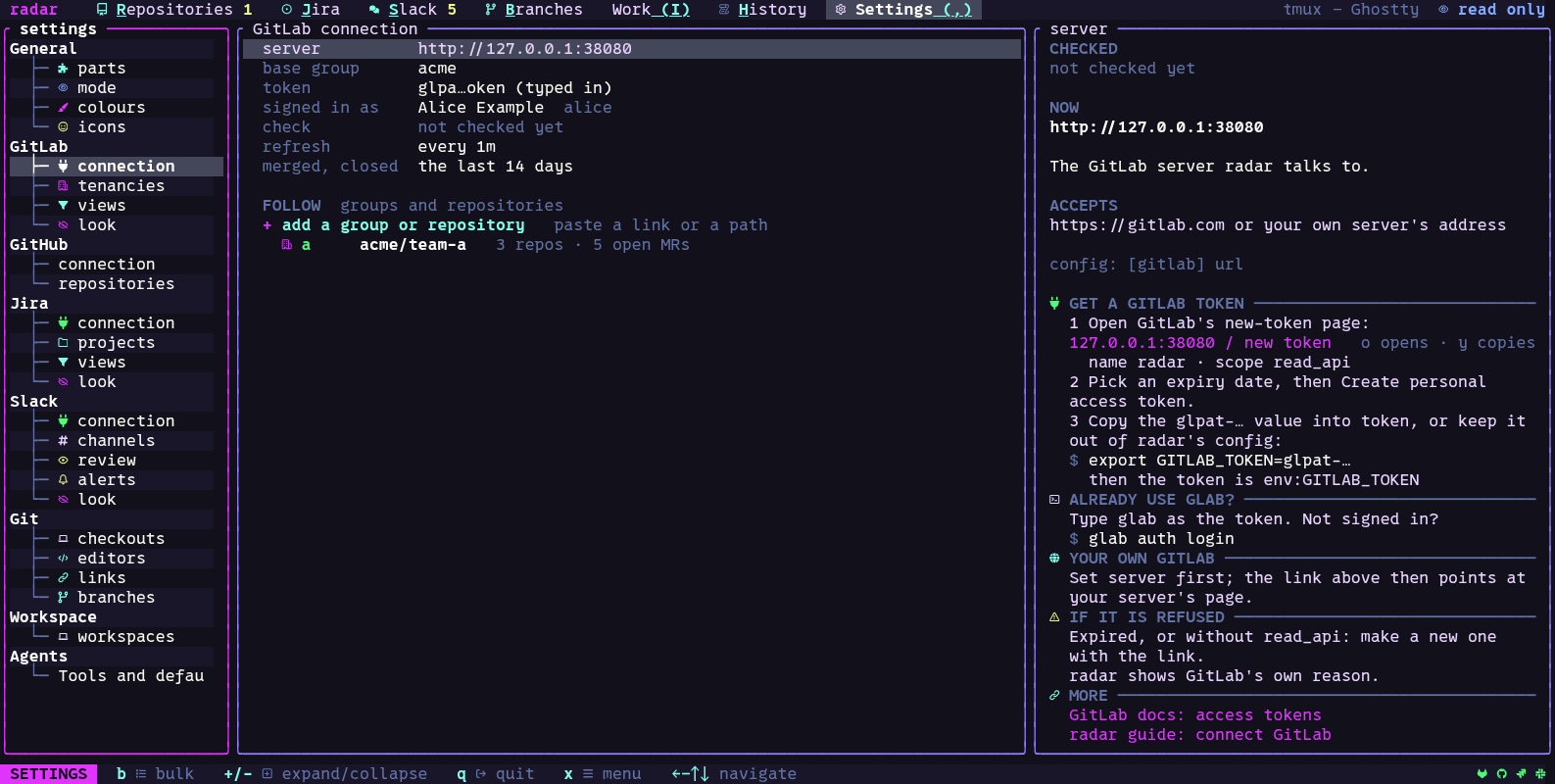 Settings, a connection section