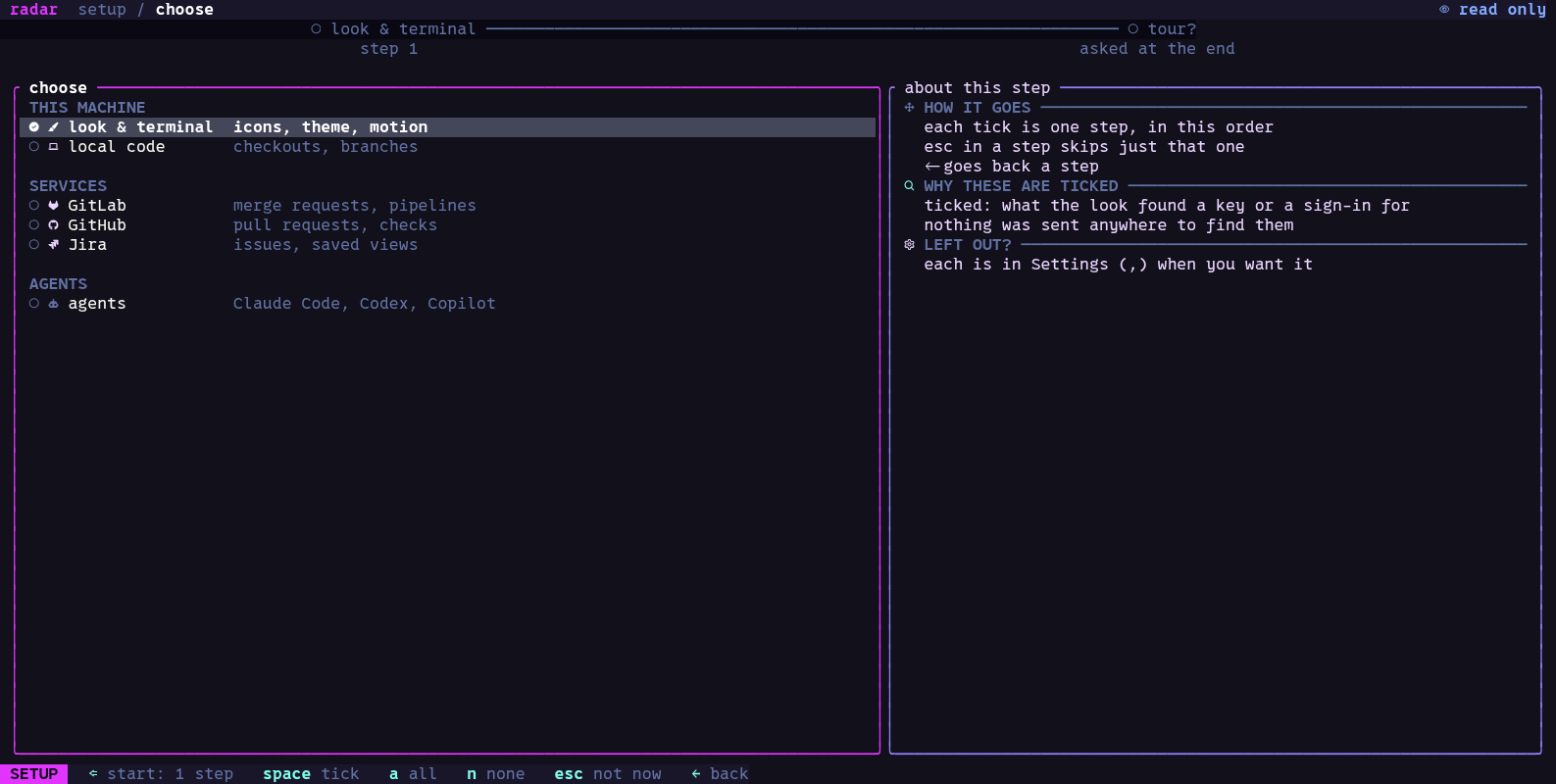 Setup: choosing what to set up