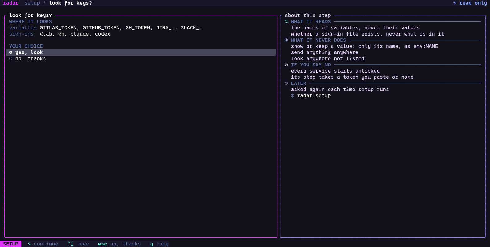 Setup's first question: may radar look for keys, and what it reads